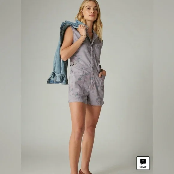 LUCKY BRAND x LAURA ASHLEY PRINTED FLORAL COVERALL SHORT IN SPRING PURPLE - Picture 2 of 10